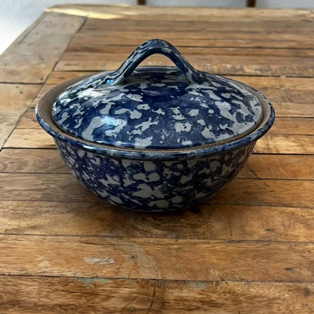 1992 Bastine Pottery Casserole Lidded Dish Blue Stoneware Signed Vintage - Picture 3 of 13